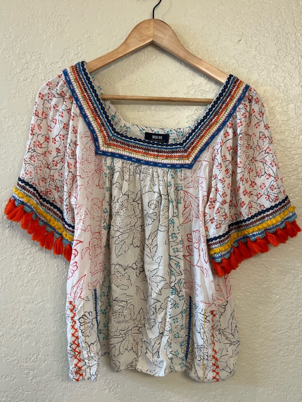 🪸Maeve by Anthropologie🪸 Cream Floral Embroidered Square-Neck Tunic. Size XS - Picture 4 of 8